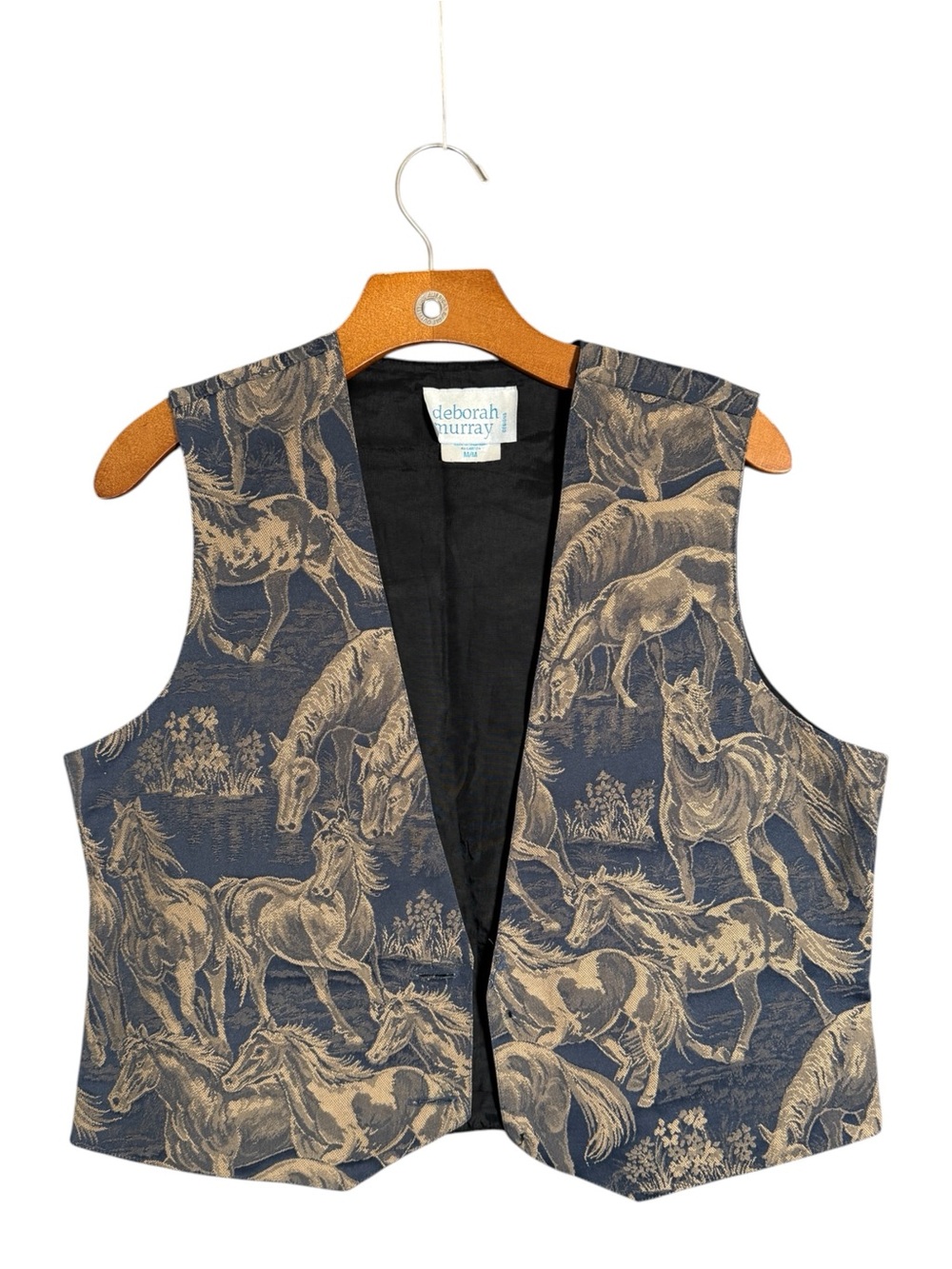Vintage Deborah Murray Horses Tapestry Vest Equestrian Blue M